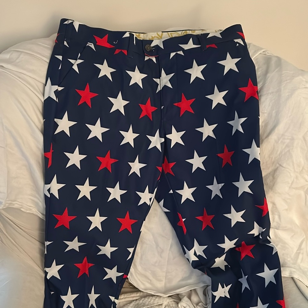 LoudMouth awesome red white&blue stripes Golf Pants Sz 35x35 never worn